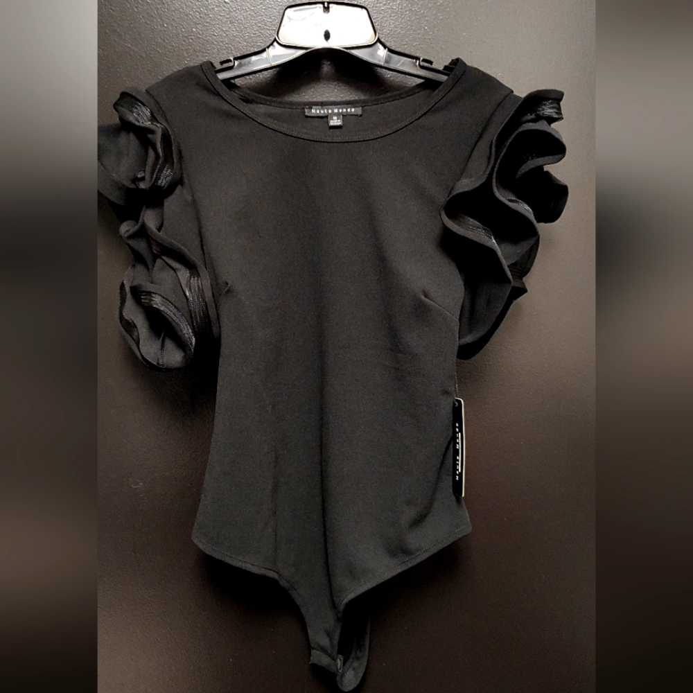 Black Bodysuit with Ruffled Sleeves